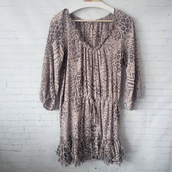 Rebecca Taylor Meow Animal Print 100% Silk Dress Size 10 Ruffle Hem Mob Wife - Picture 2 of 10